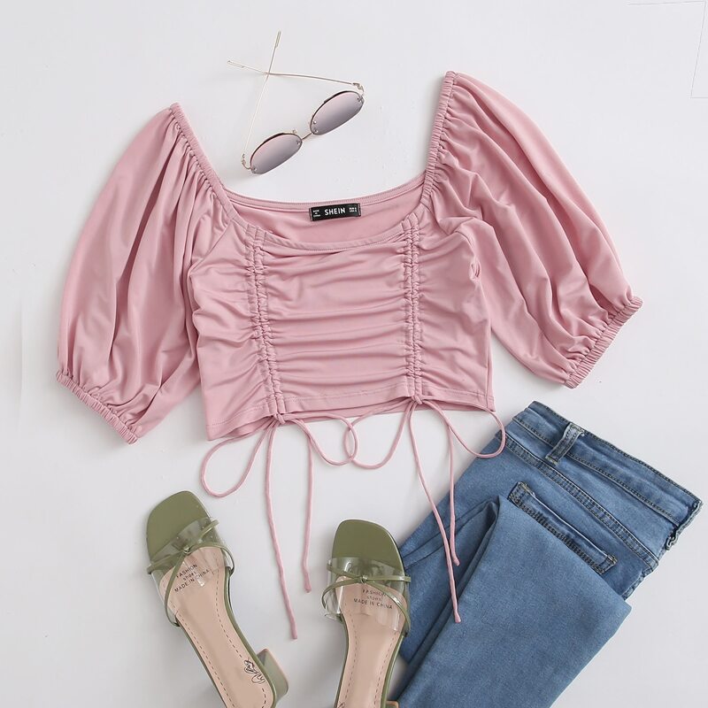

Ruched Drawstring Front Bishop Sleeve Top, Dusty pink