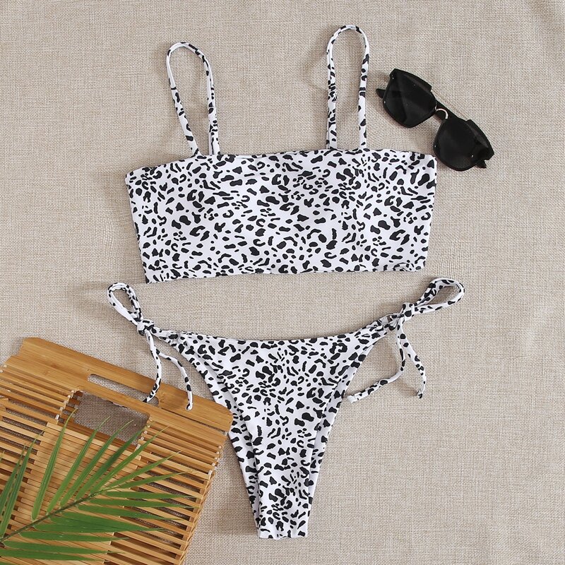 

Leopard Tie Side Bikini Swimsuit, Black and white