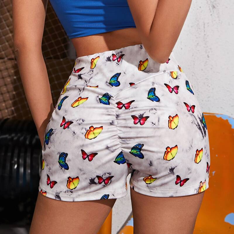 

Allover Butterfly Ruched Biker Shorts, Multicolor