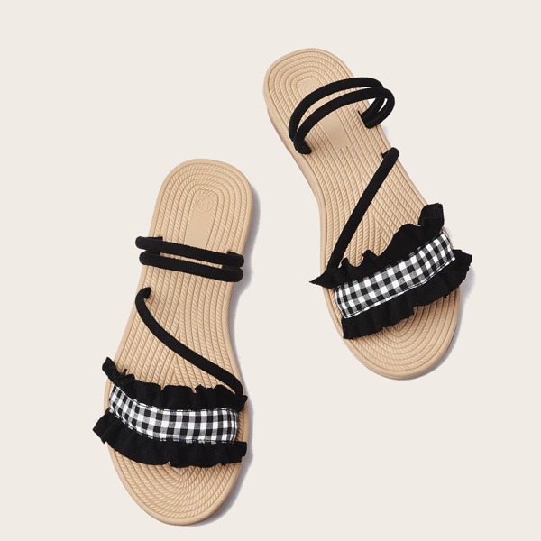 

Ruffle Decor Gingham Two Way Wear Sandals, Black