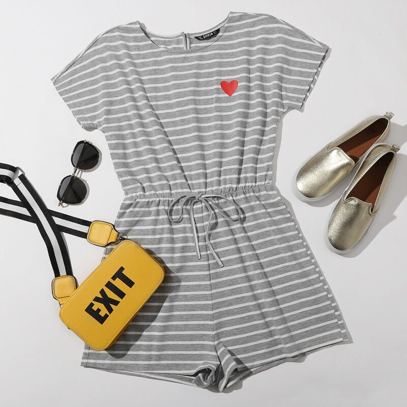

Heart Print Tie Front Striped Romper, Light grey