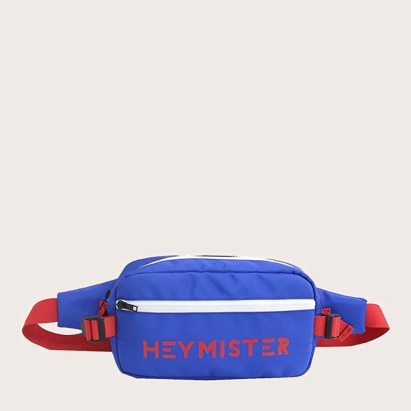 

Men Letter Graphic Zipper Front Fanny Pack, Blue