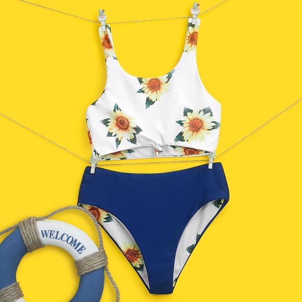 

Girls Sunflower Print Bikini Swimsuit, Multicolor