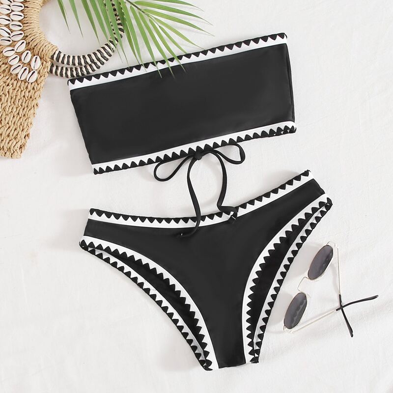 

Whipstitch Trim Bandeau Bikini Swimsuit, Black