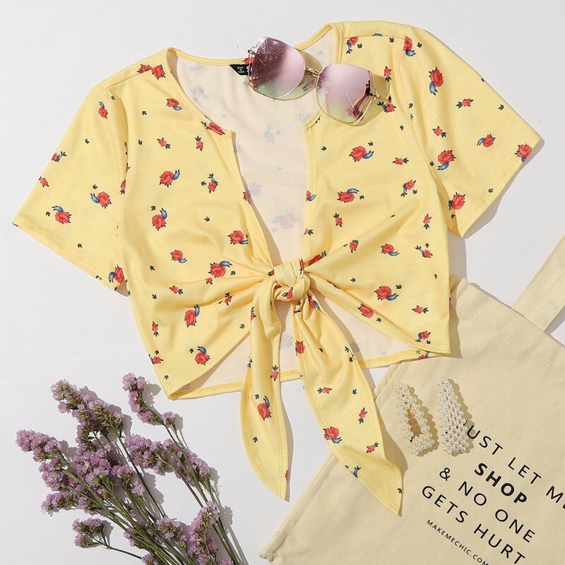 

Floral Print Tie Front Crop Top, Yellow