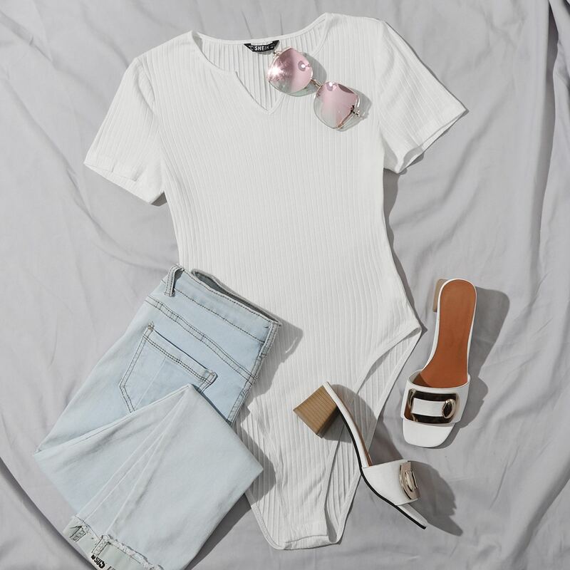 

Notch Neck Rib-knit Bodysuit, White
