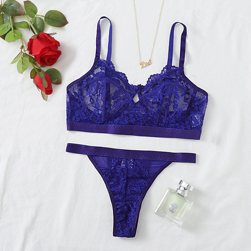 

Floral Lace Thong Lingerie Set, Navy blue
