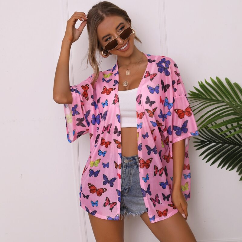

Butterfly Print Drop Shoulder Kimono, Pink