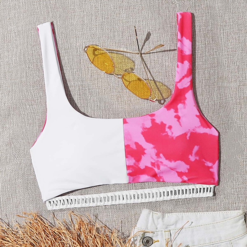 

Tie Dye Spliced Bikini Top, Red and white