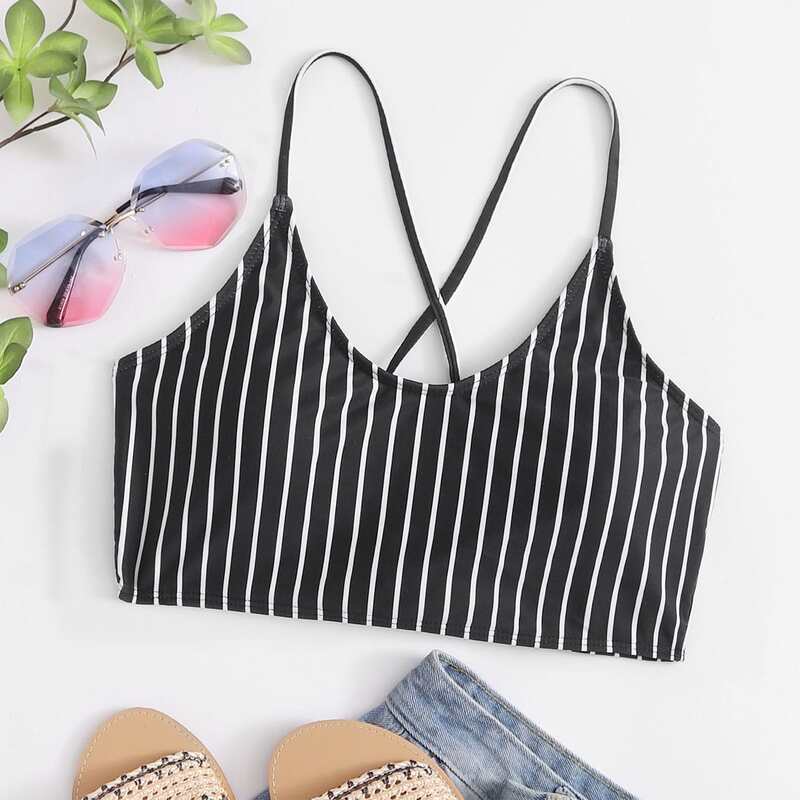

Stripe Lace-up Back Bikini Top, Black