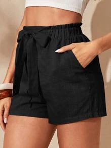 SHEIN Essnce Bow Tie Waist Slant Pocket Shorts - Black - View 1