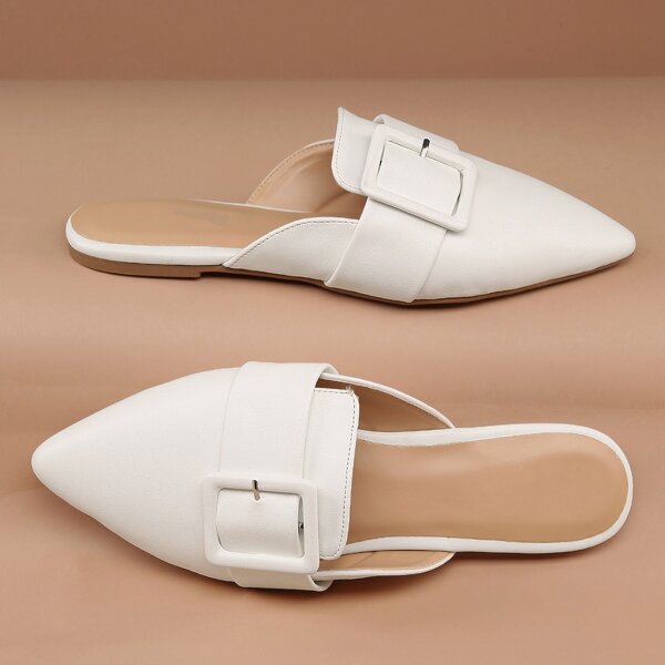 

Pointy Toe Buckle Detail Open Back Flat Loafers, White