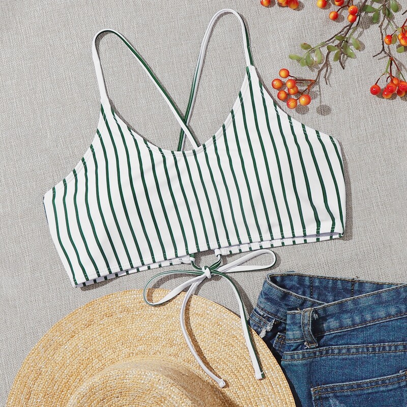 

Stripe Lace-up Back Bikini Top, White