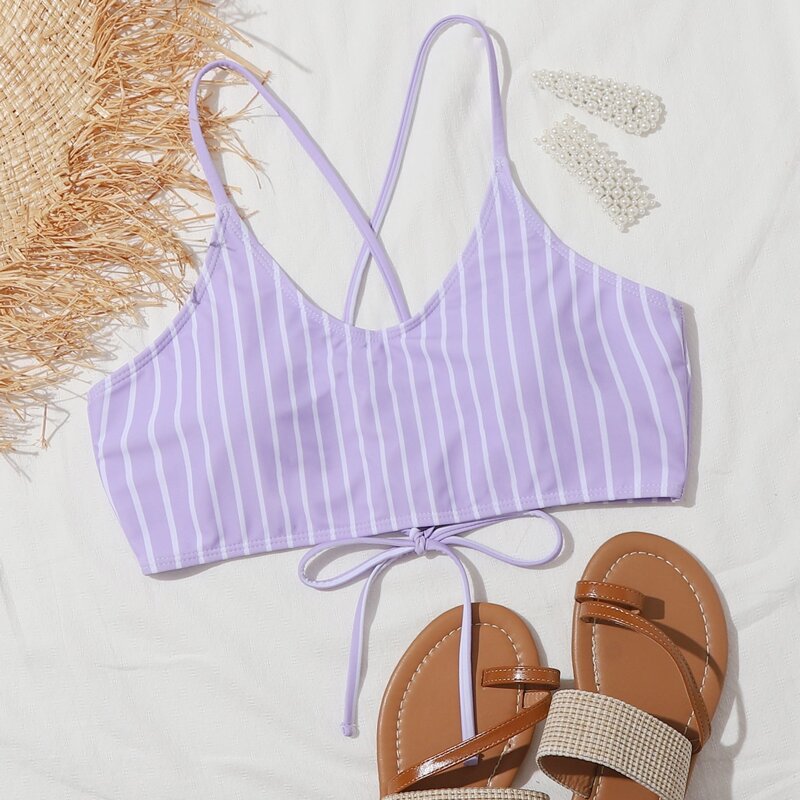 

Stripe Lace-up Back Bikini Top, Pastel lilac purple