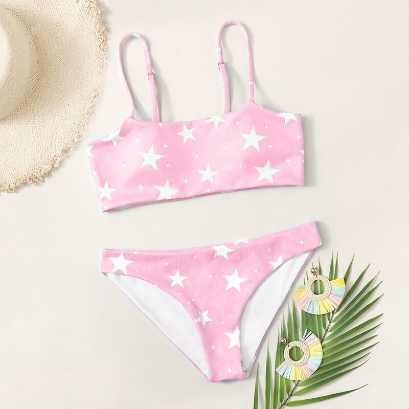 

Rib Star Print Bikini Swimsuit, Pastel baby pink