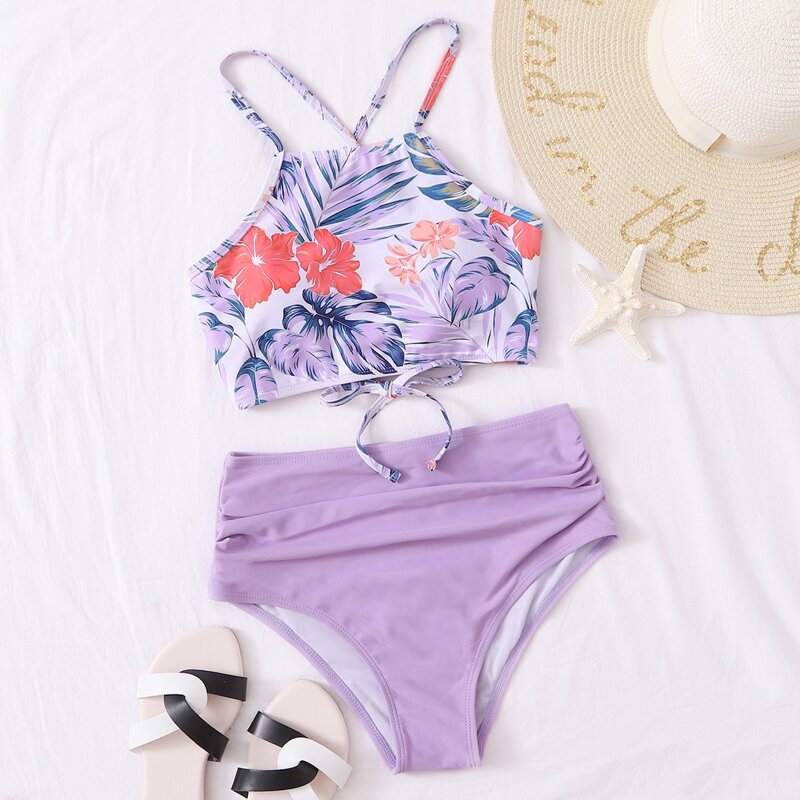 

Tropical Lace-up high Waist Bikini Swimsuit, Multicolor