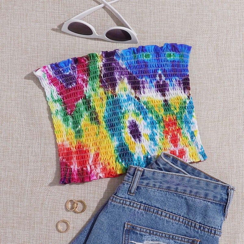 

Frill Trim Shirred Tie Dye Tube Top, Multicolor