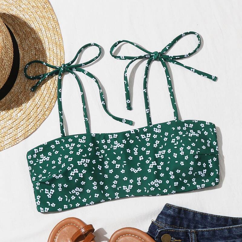 

Ditsy Floral Tie Strap Bikini Top, Dark green