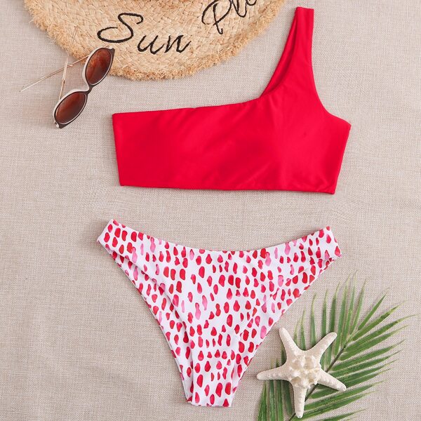 

Dalmatian One Shoulder Bikini Swimsuit, Red and white