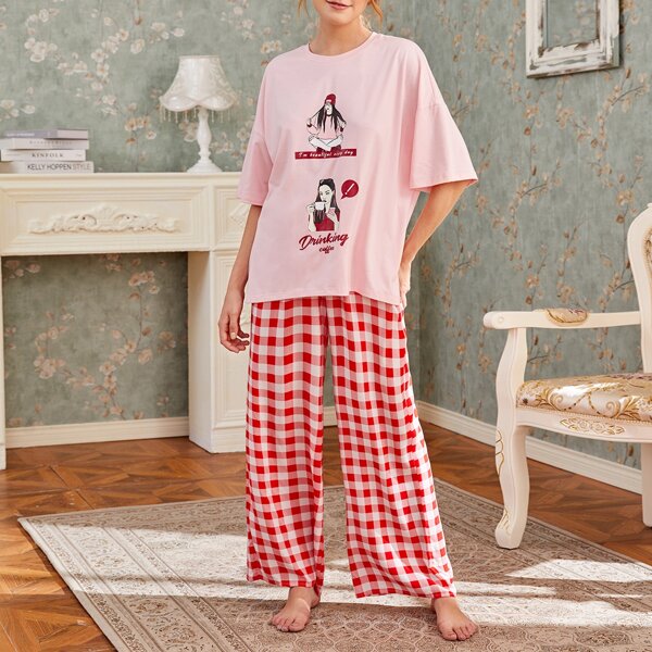 

Figure and Slogan Graphic Tee and Buffalo Plaid Pants PJ Set, Multicolor