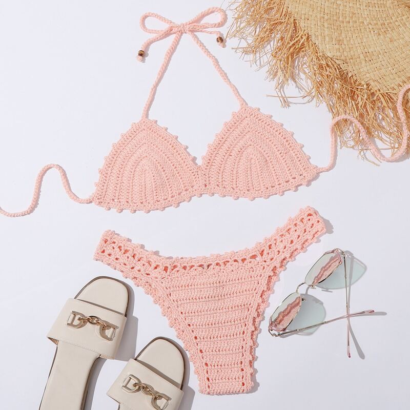 

Crochet Halter Triangle Bikini Swimsuit, Pastel coral pink