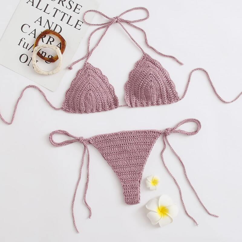 

Crochet Triangle Tie Side Bikini Swimsuit, Mauve purple