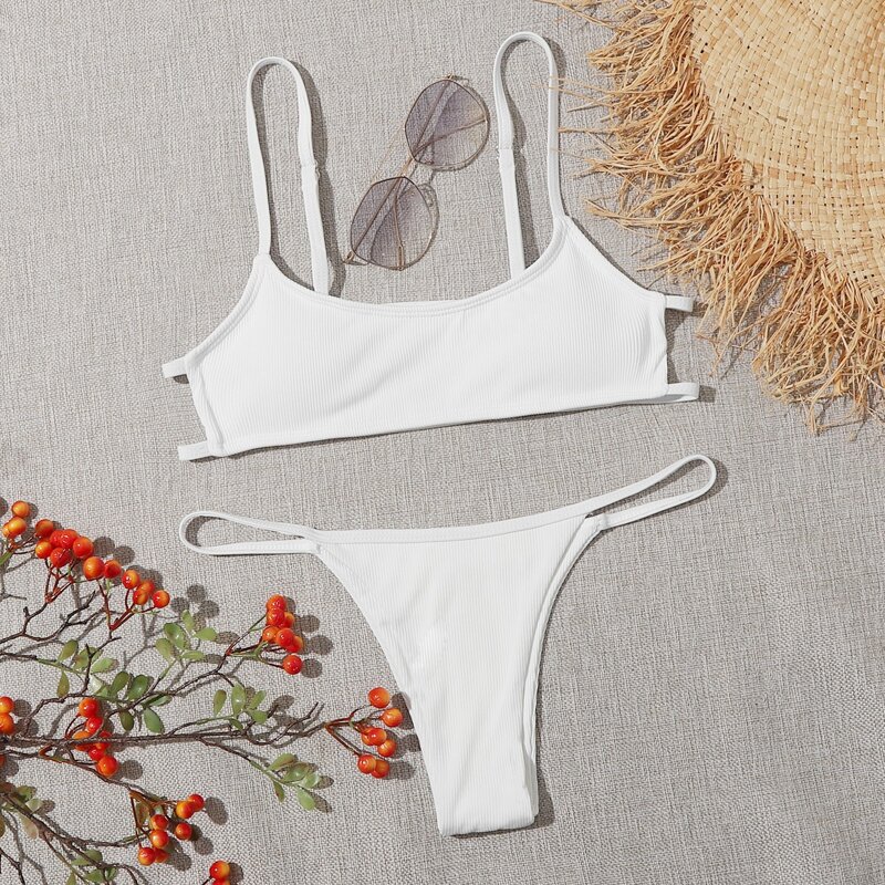 

Rib Cut-out Thong Bikini Swimsuit, White
