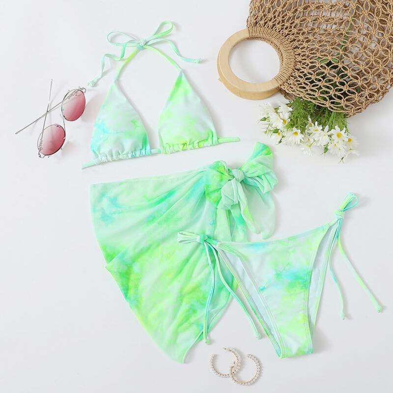 

3pack Tie Dye Triangle Bikini Swimsuit & Beach Skirt, Neon lime green