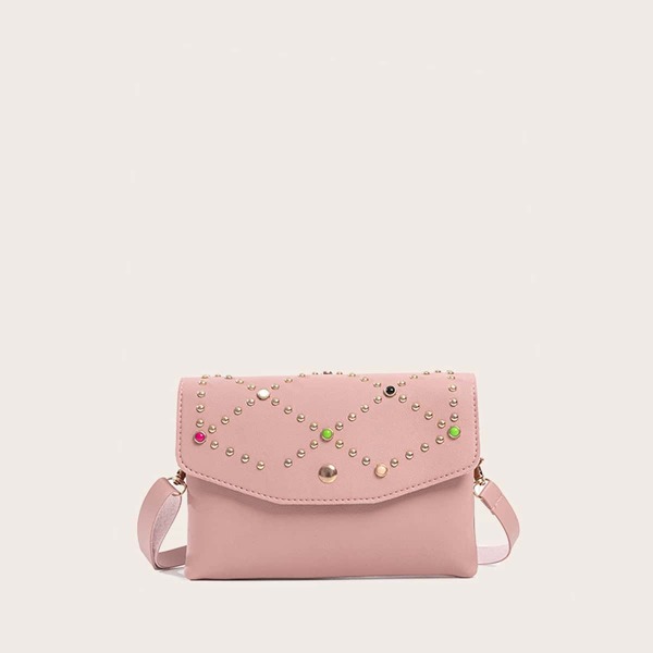 

Girls Studded Decor Flap Crossbody Bag, Pink