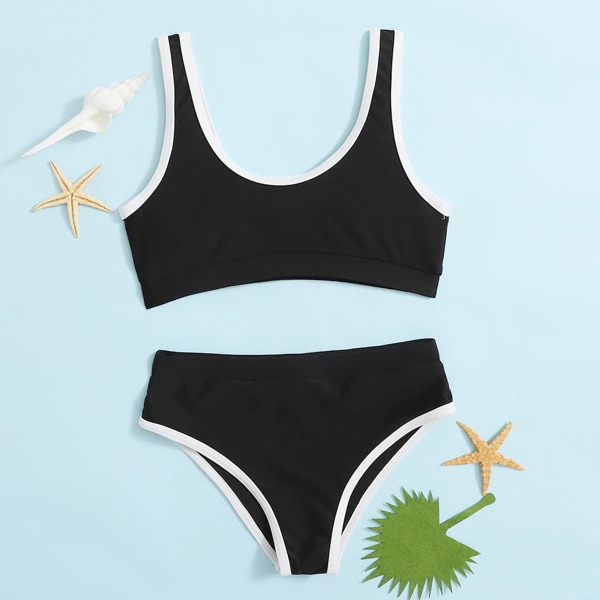 

Girls Contrast Binding Bikini Swimsuit, Black