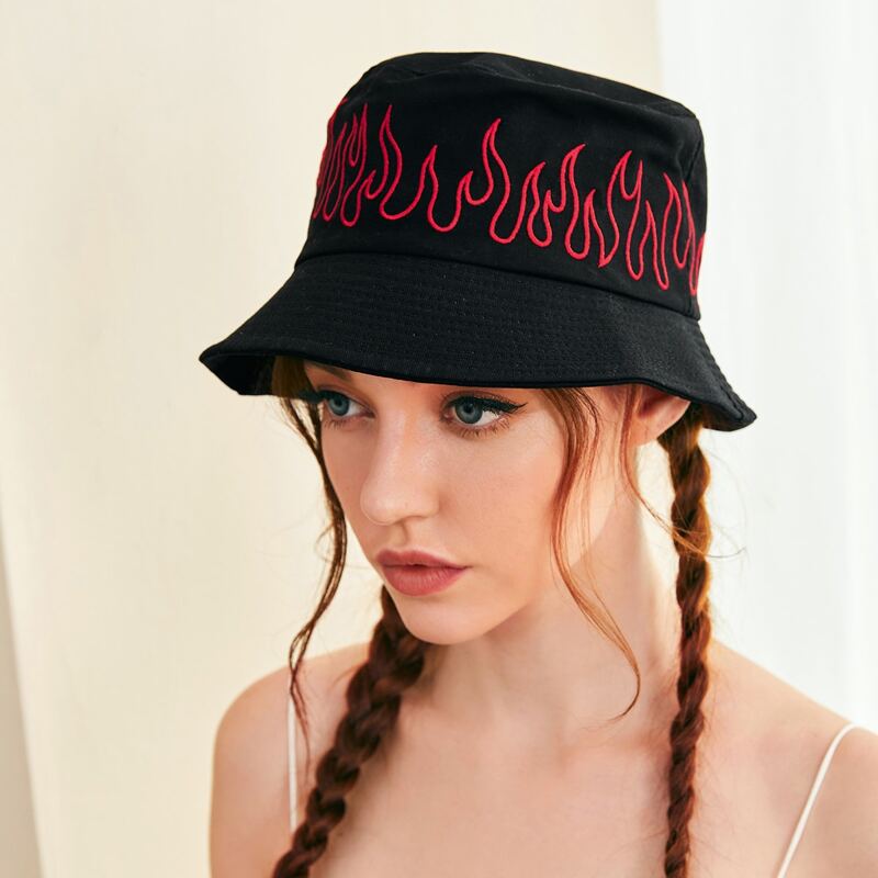 

Flame Embroidery Bucket Hat, Black