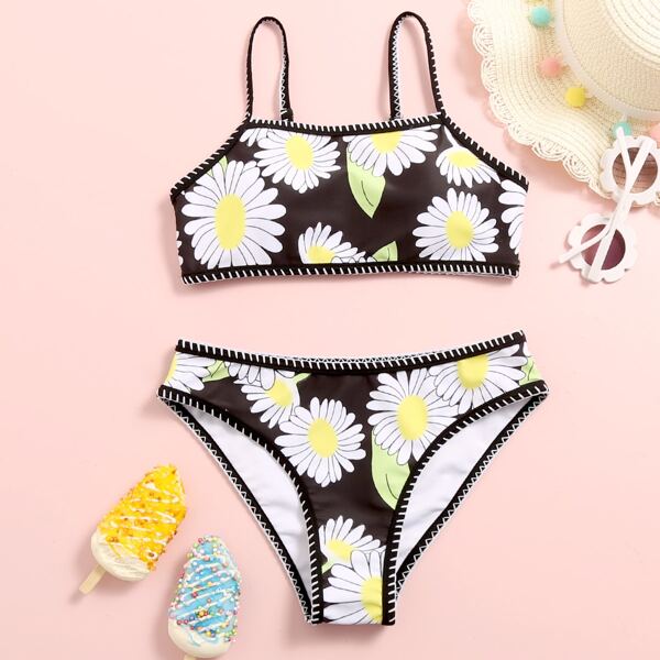 

Girls Floral Whip Stitch Bikini Swimsuit, Multicolor