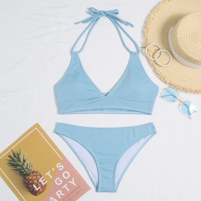 

Rib Halter Bikini Swimsuit, Pastel baby blue