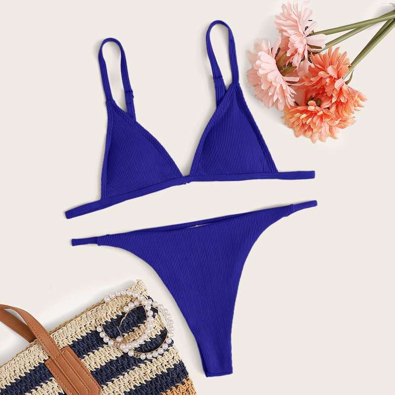 

Rib Triangle Thong Bikini Swimsuit, Royal blue
