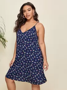 SHEIN LUNE Plus Double V Neck Ditsy Floral Cami Dress
