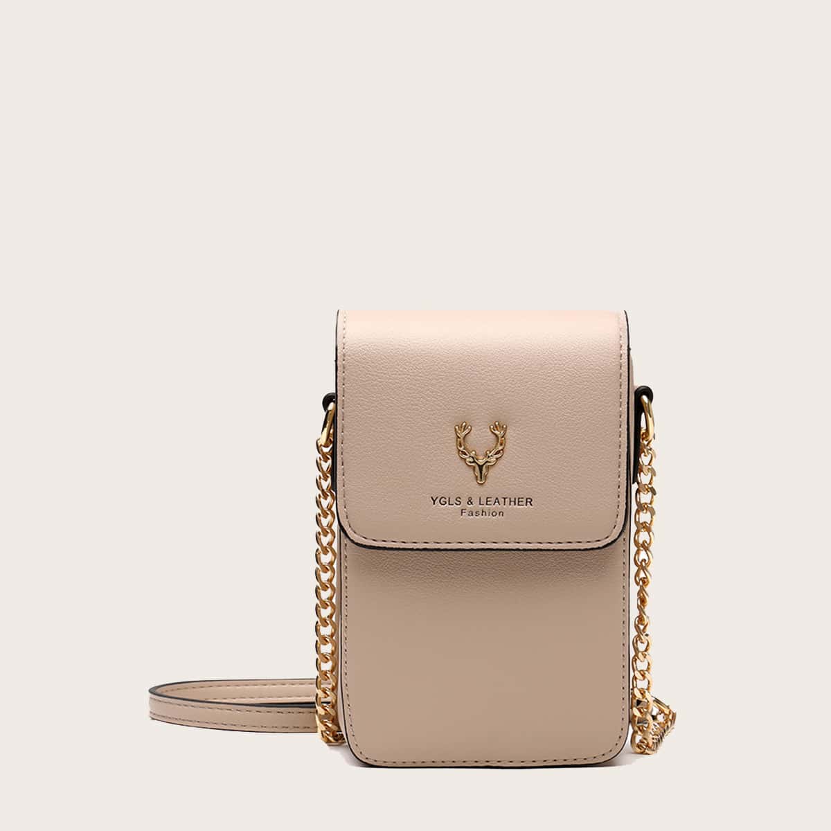 

Metal Deer Head Decor Flap Crossbody Bag, Khaki
