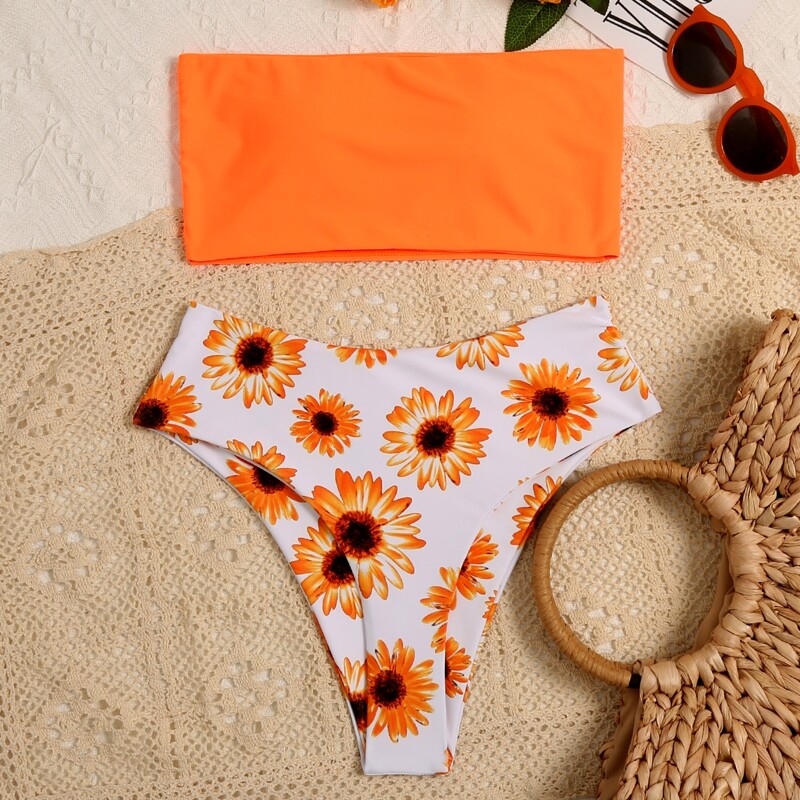 

Floral Bandeau High Waisted Bikini Swimsuit, Orange bright