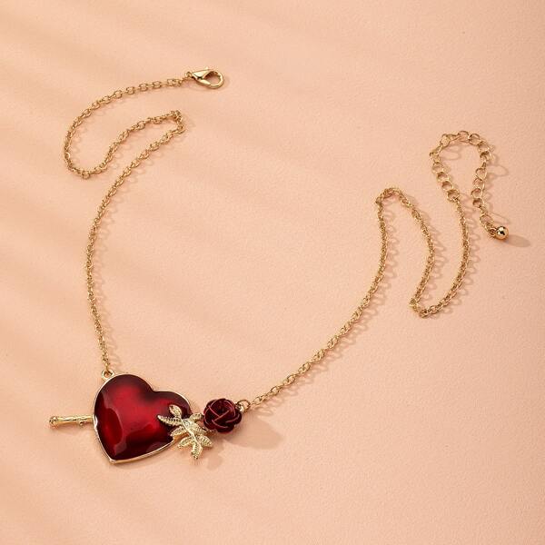 

Flower Heart Charm Necklace, Gold
