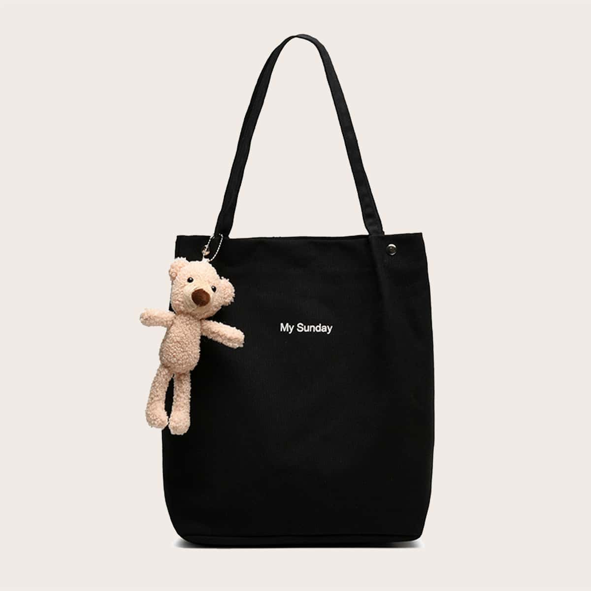 

Letter Graphic Tote Bag With Bag Charm, Black
