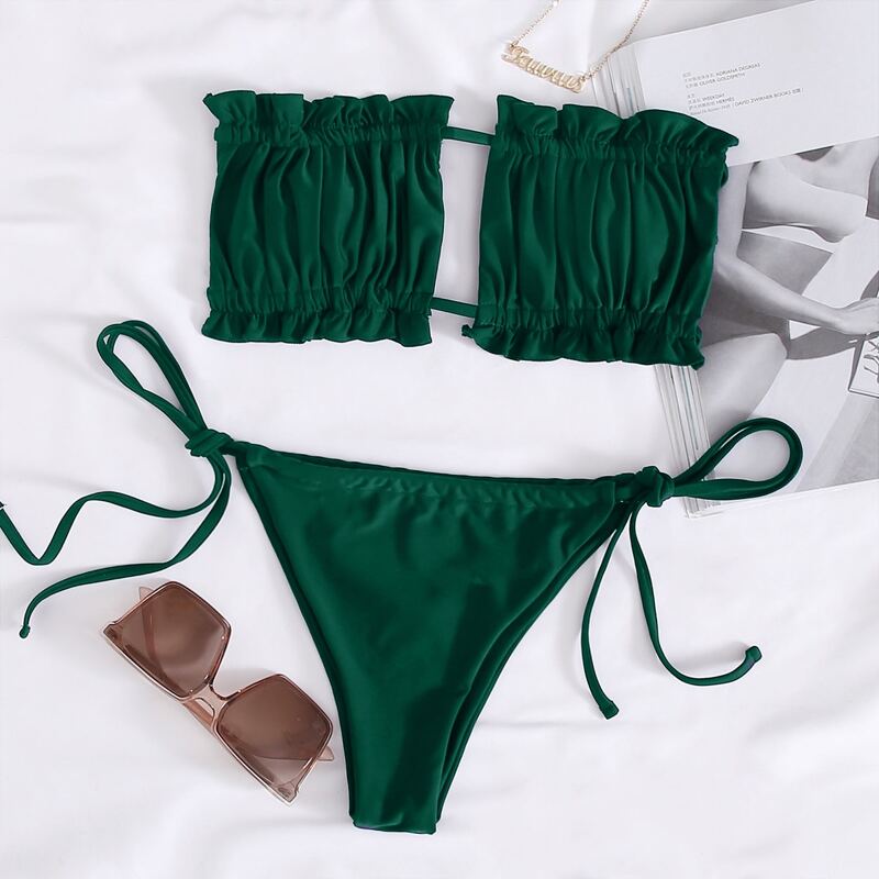 

Ruched Bust Bandeau Tie Side Bikini Swimsuit, Dark green