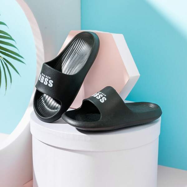 

Men Letter Graphic Slip On Slides, Black