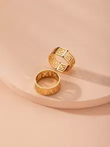 2pcs Hollow Out Letter Decor Ring Copper Jewelry - Yellow Gold - View 1