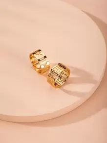 2pcs Hollow Out Letter Decor Ring Copper Jewelry - Yellow Gold - View 2