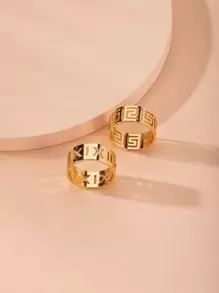 2pcs Hollow Out Letter Decor Ring Copper Jewelry - Yellow Gold - View 3