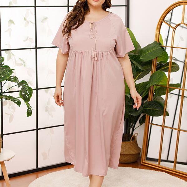 

Plus Fringe Tie Neck Night Dress, Dusty pink