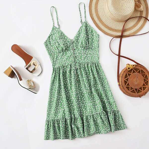 

Ditsy Floral Button-Front Ruffled Cami Dress, Mint green