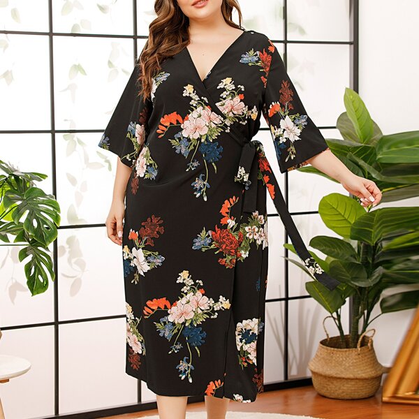 

Plus Floral Print Wrap Knot Robe, Black