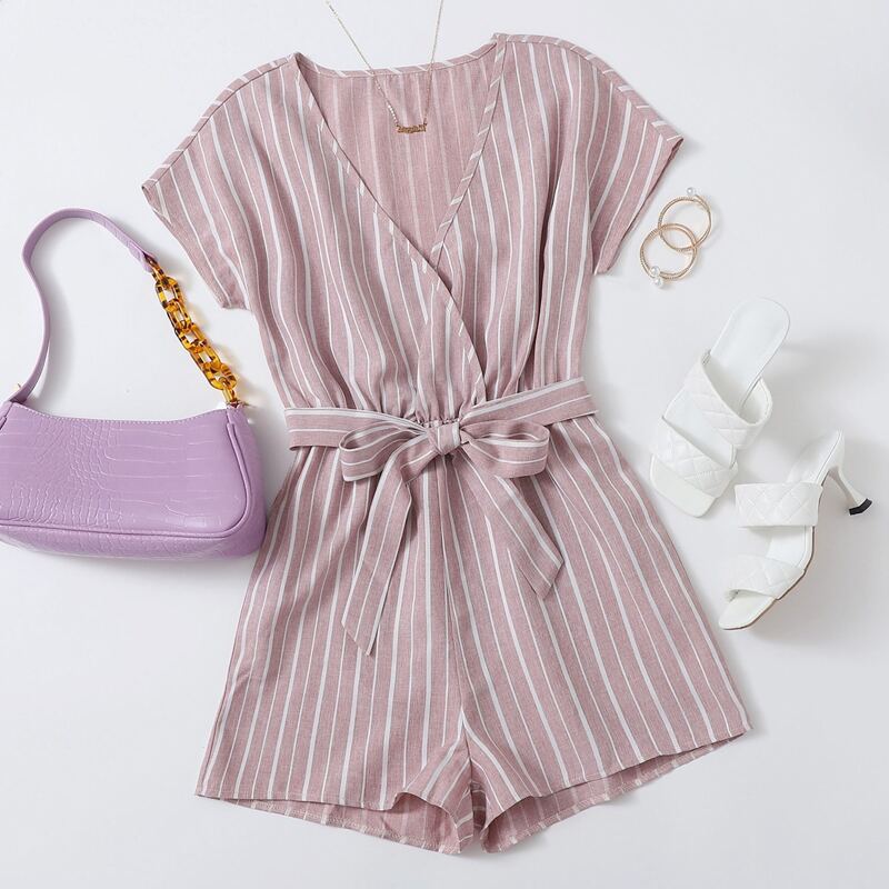 

Self Belted Wrap Striped Romper, Multicolor