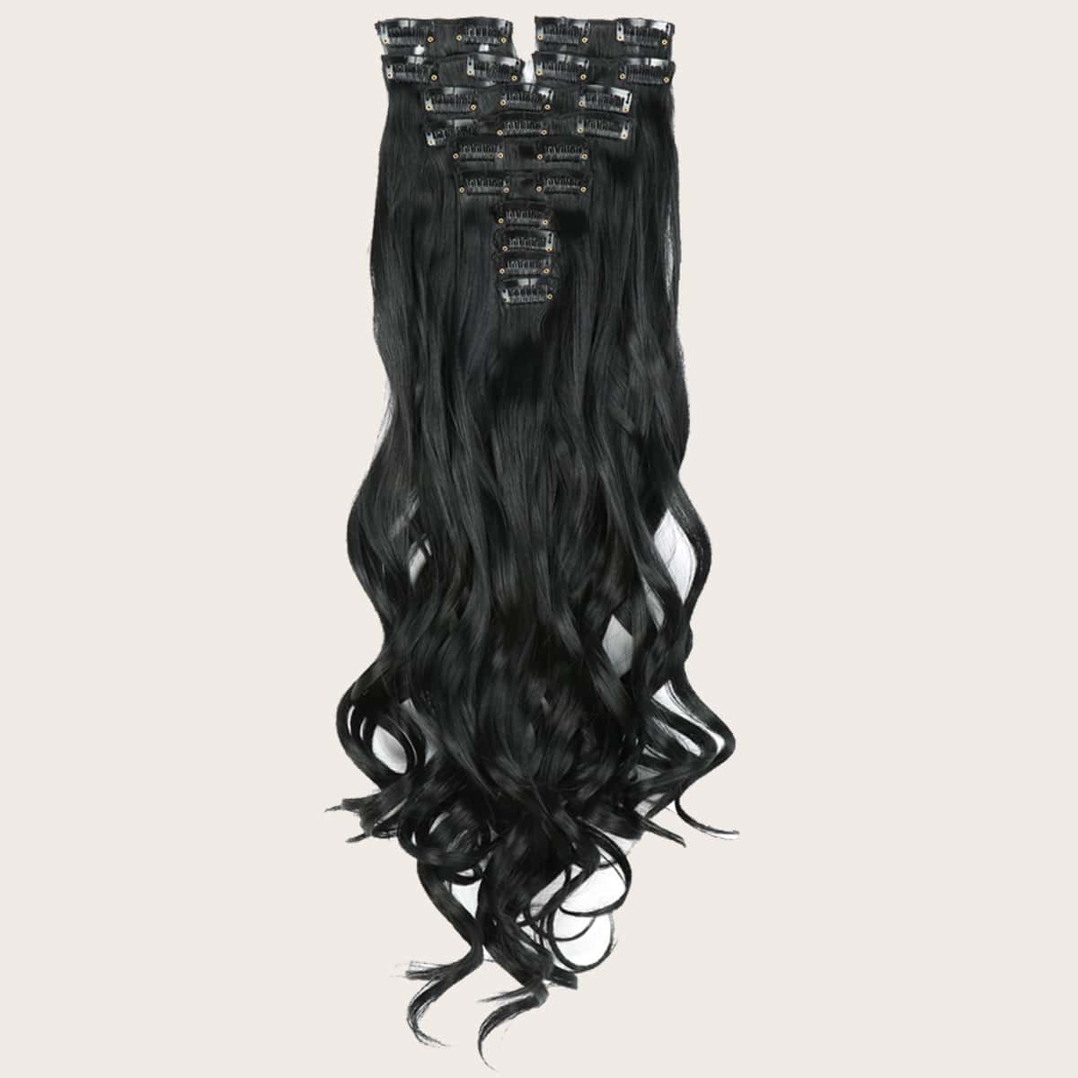 

22pcs Clip In Long Curly Hair Wig, Black