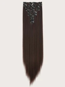 24-Inch 12pcs Natural Black Straight Clip-In Hair Extensions, Synthetic Hair Pieces Suitable For Women And Girls Daily Use - Brown - View 2